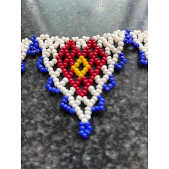 Vtg 1970's Hand Beaded Yoke Or Net Style Necklace 5 Beaded Triangles White Blue - Picture 5 of 8